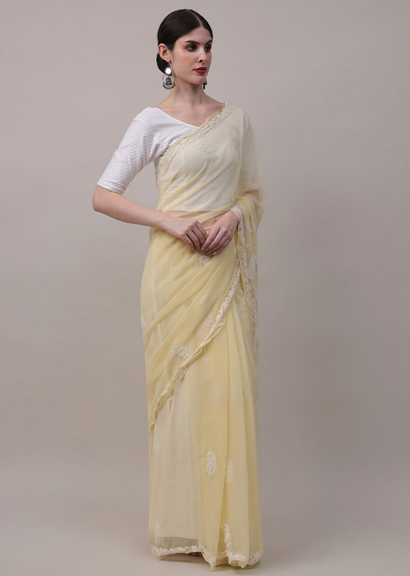 Firgun Mustard Yellow Lucknowi Chikankari Georgette Saree with Unstitched Blouse Piece