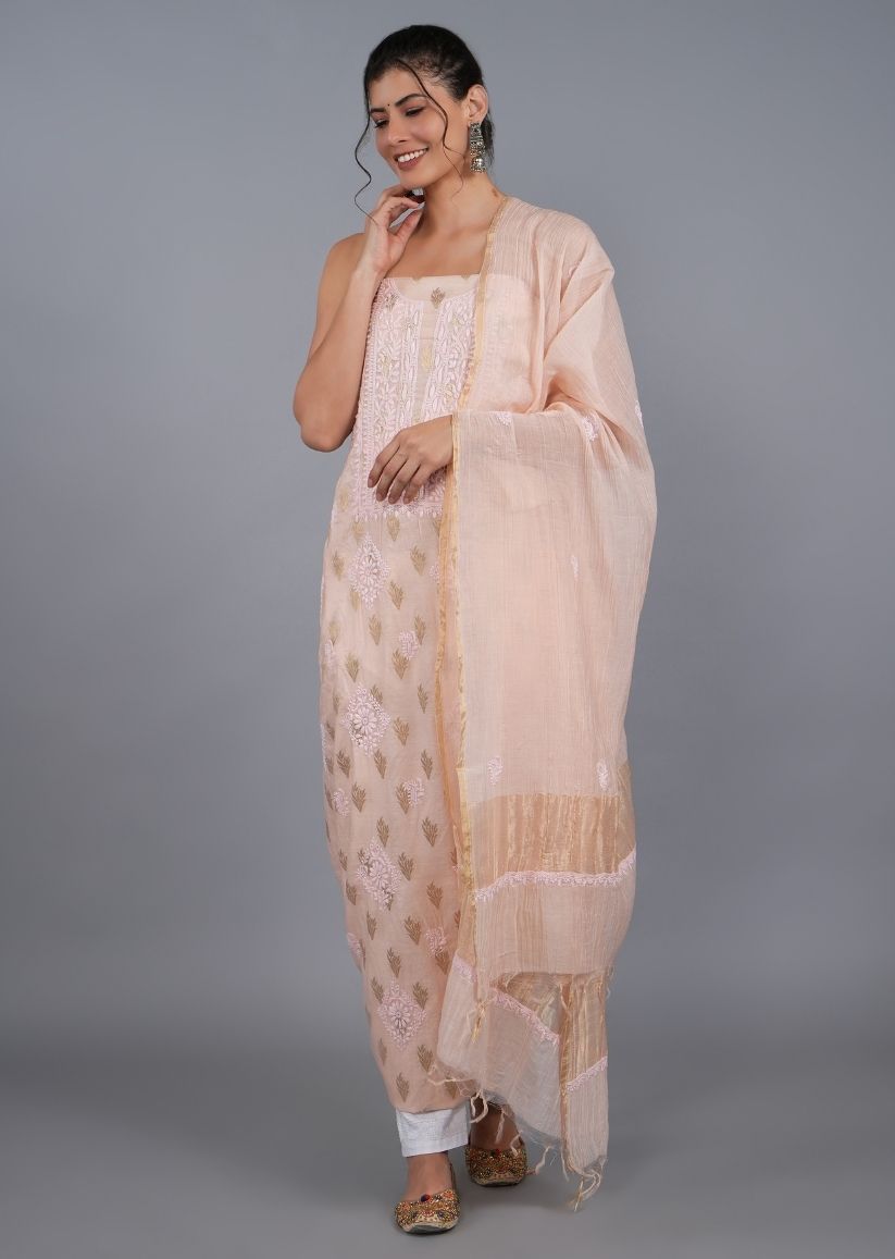 Firgun Peach Lucknowi Chikankari Chanderi Unstitched Kurta & Dupatta Set
