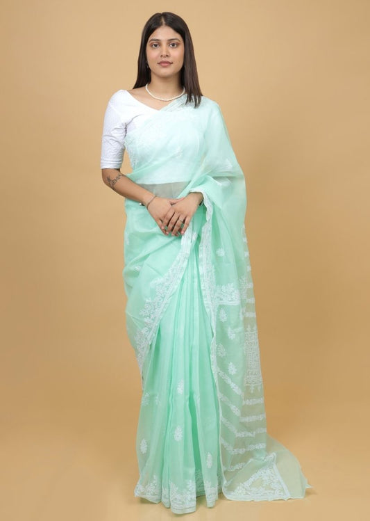 Firgun Mint Green Lucknowi Chikankari Organza Saree with Unstitched Blouse Piece