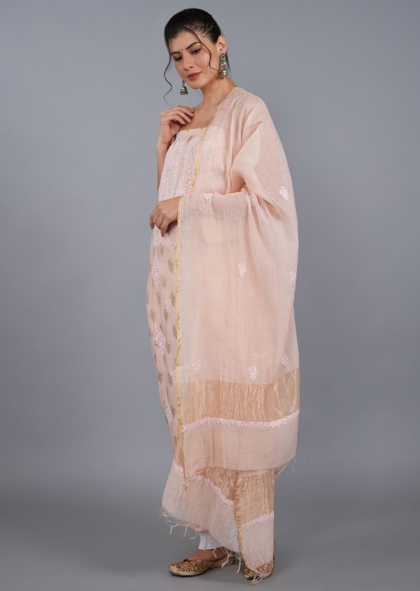 Firgun Peach Lucknowi Chikankari Chanderi Unstitched Kurta & Dupatta Set