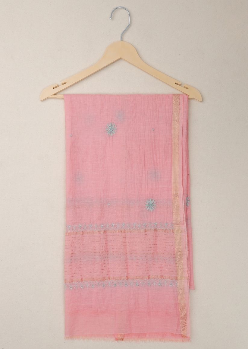 Firgun Salmon Pink Lucknowi Chikankari Mul Chanderi Unstitched Kurta & Dupatta Set