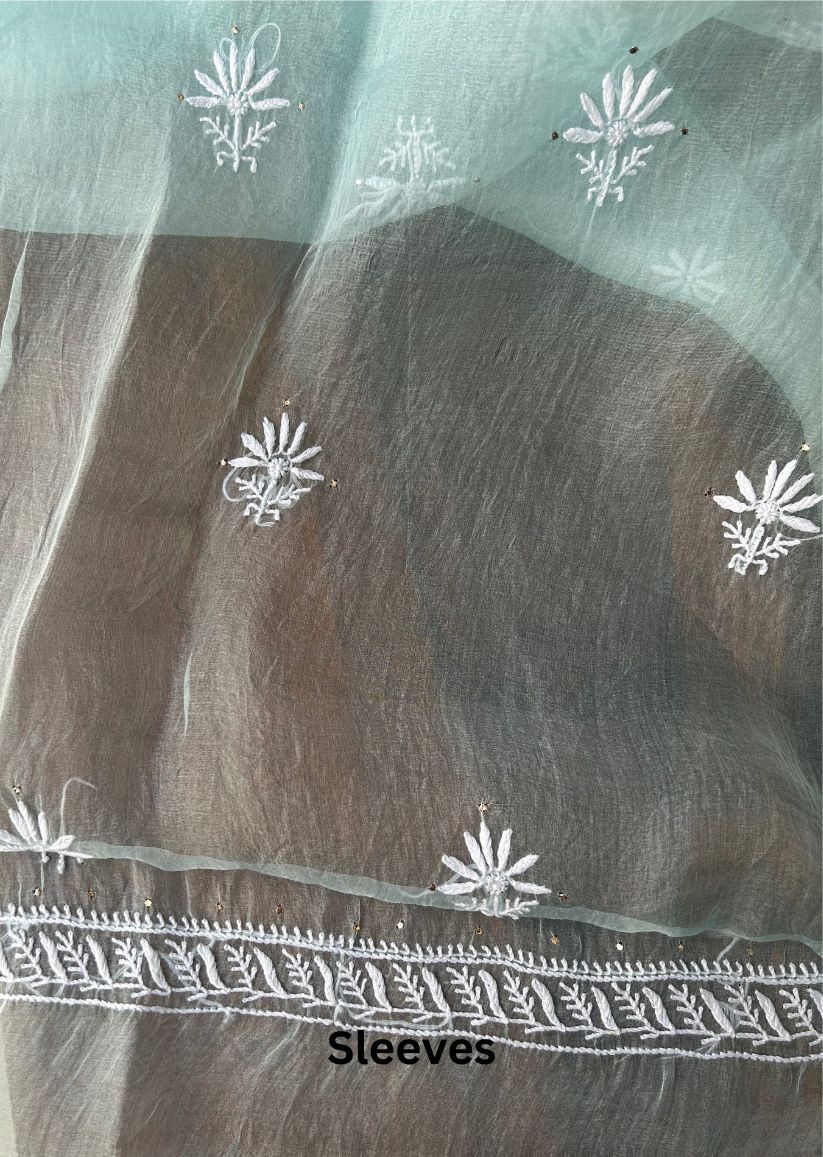 Firgun Aqua Blue Lucknowi Chikankari Pure Organza Unstitched Kurta & Dupatta Set