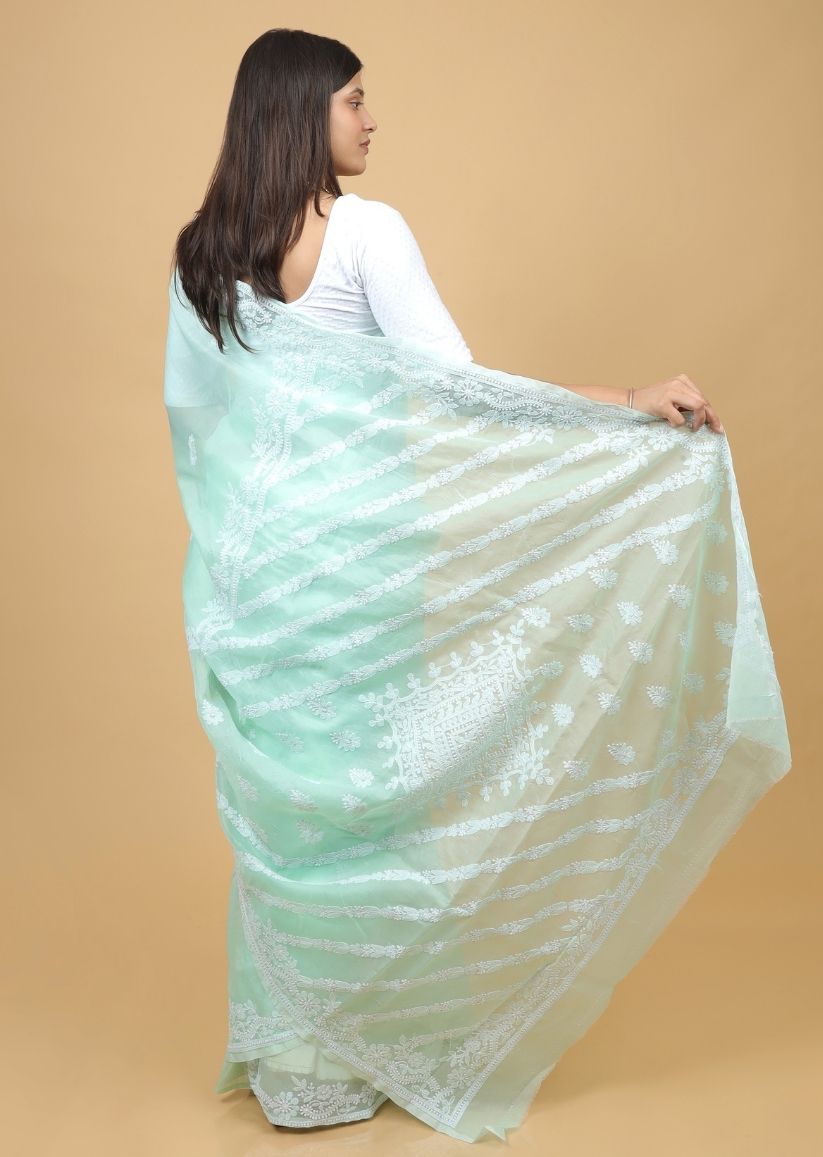 Firgun Mint Green Lucknowi Chikankari Organza Saree with Unstitched Blouse Piece