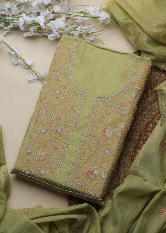 Firgun Mehendi Green Lucknowi Chikankari & Pearl Work Mul Chanderi Unstitched Kurta & Dupatta Set