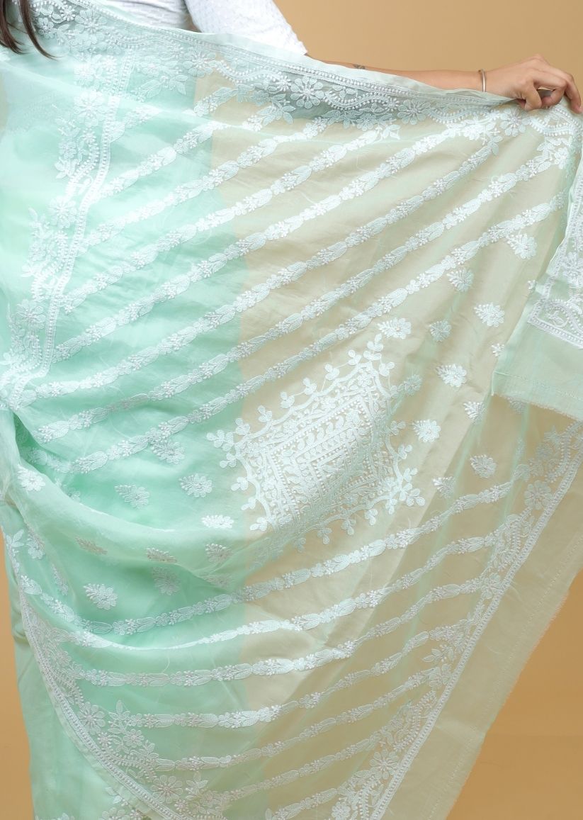Firgun Mint Green Lucknowi Chikankari Organza Saree with Unstitched Blouse Piece