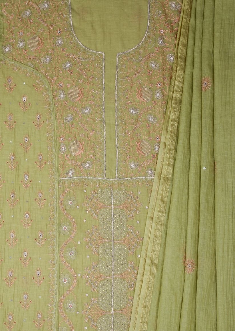 Firgun Mehendi Green Lucknowi Chikankari & Pearl Work Mul Chanderi Unstitched Kurta & Dupatta Set