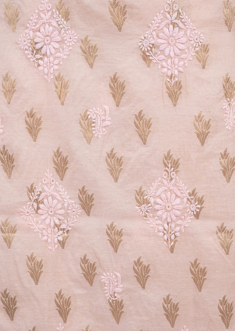 Firgun Peach Lucknowi Chikankari Chanderi Unstitched Kurta & Dupatta Set