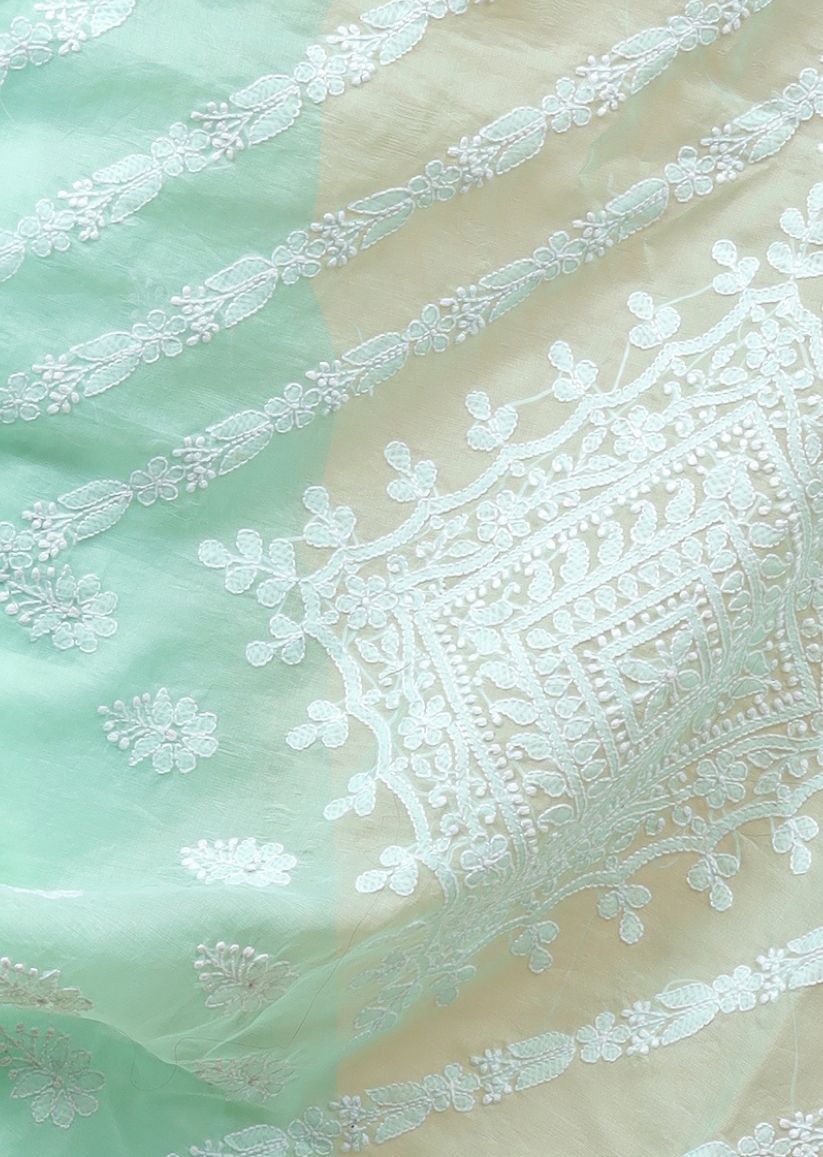 Firgun Mint Green Lucknowi Chikankari Organza Saree with Unstitched Blouse Piece