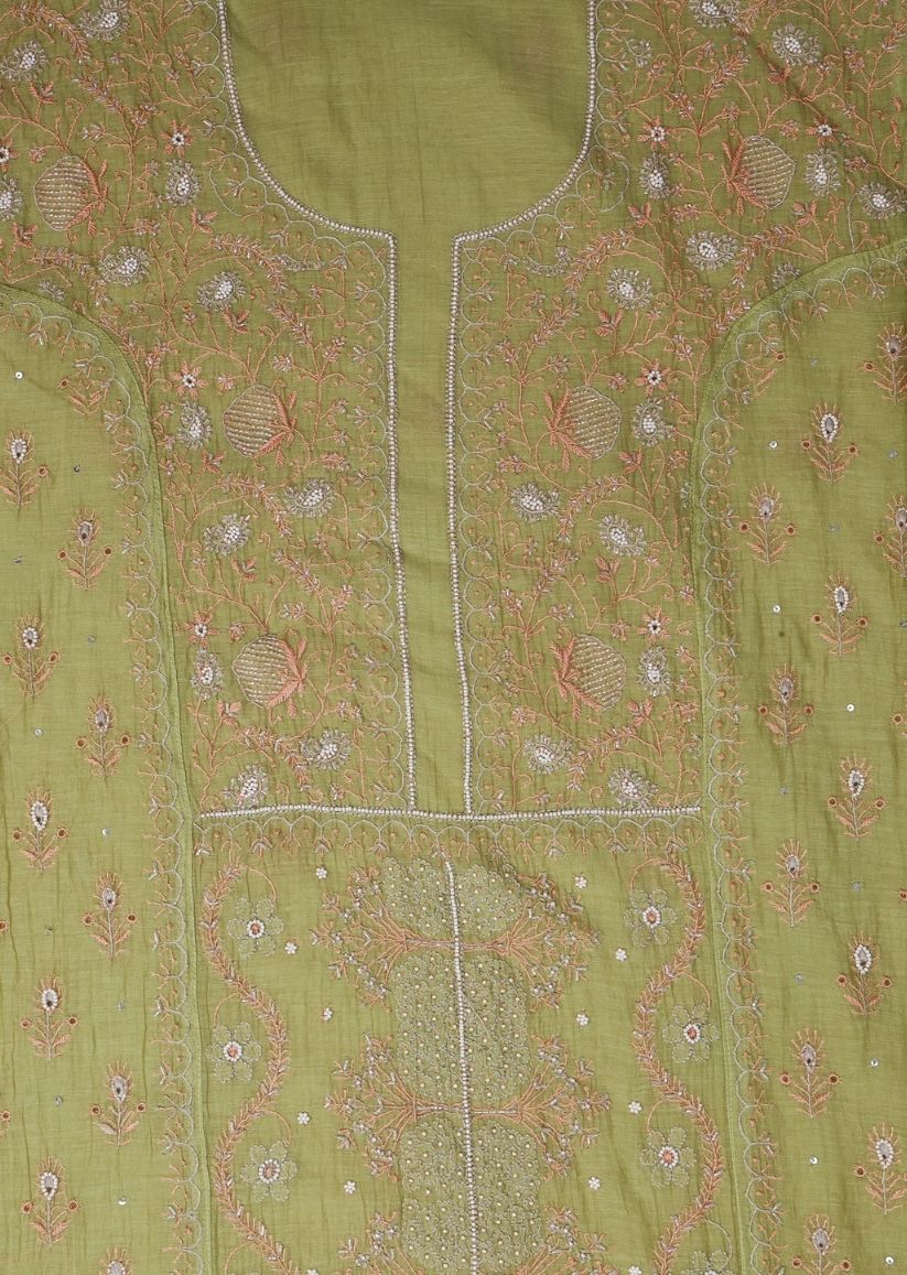 Firgun Mehendi Green Lucknowi Chikankari & Pearl Work Mul Chanderi Unstitched Kurta & Dupatta Set