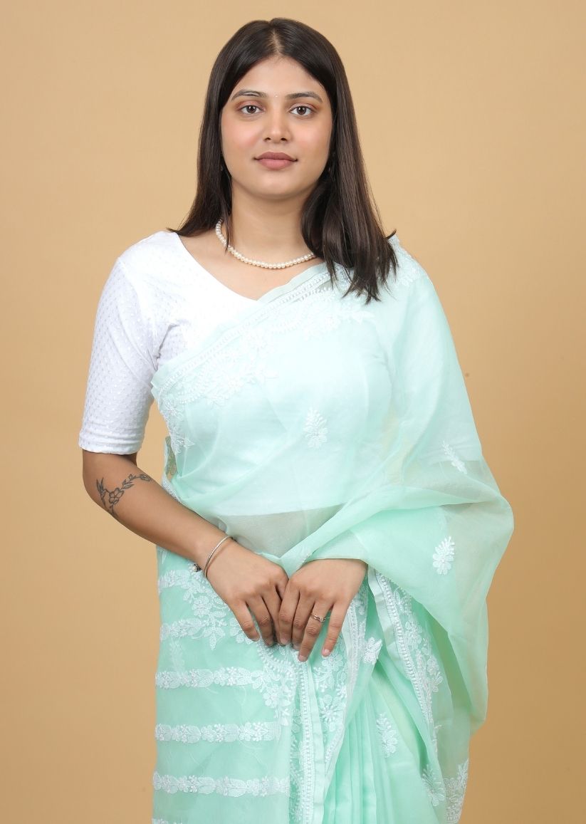 Firgun Mint Green Lucknowi Chikankari Organza Saree with Unstitched Blouse Piece