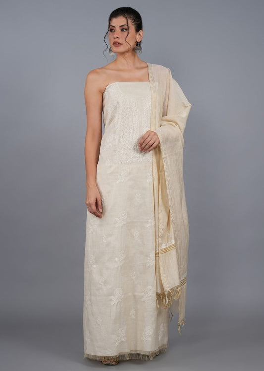 Firgun Beige Lucknowi Chikankari Tissue Chanderi Unstitched Kurta & Dupatta Set