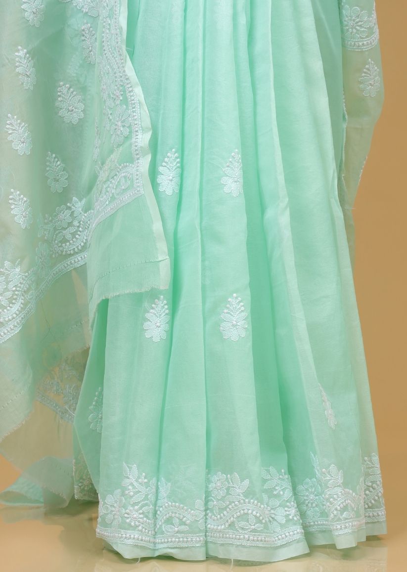 Firgun Mint Green Lucknowi Chikankari Organza Saree with Unstitched Blouse Piece