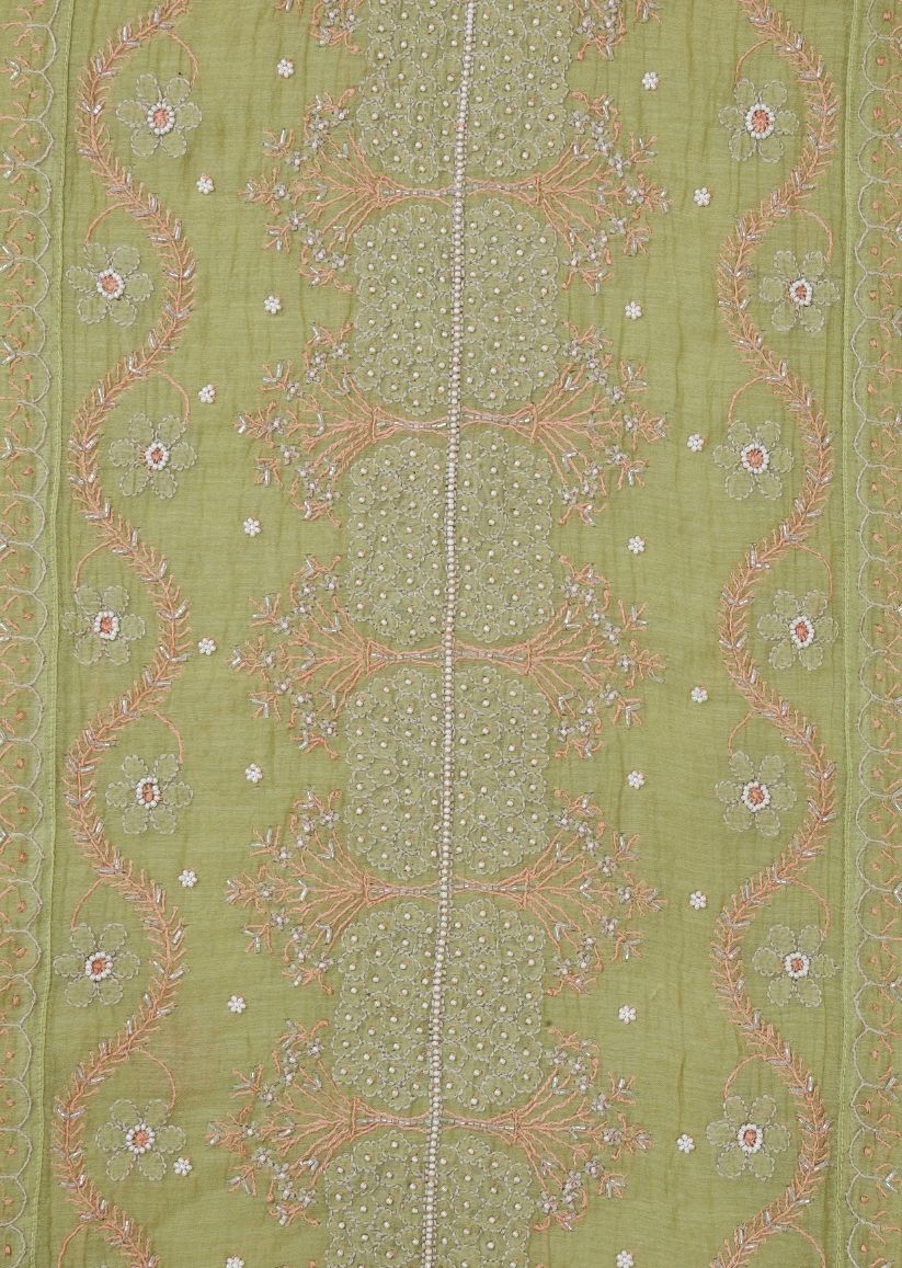Firgun Mehendi Green Lucknowi Chikankari & Pearl Work Mul Chanderi Unstitched Kurta & Dupatta Set