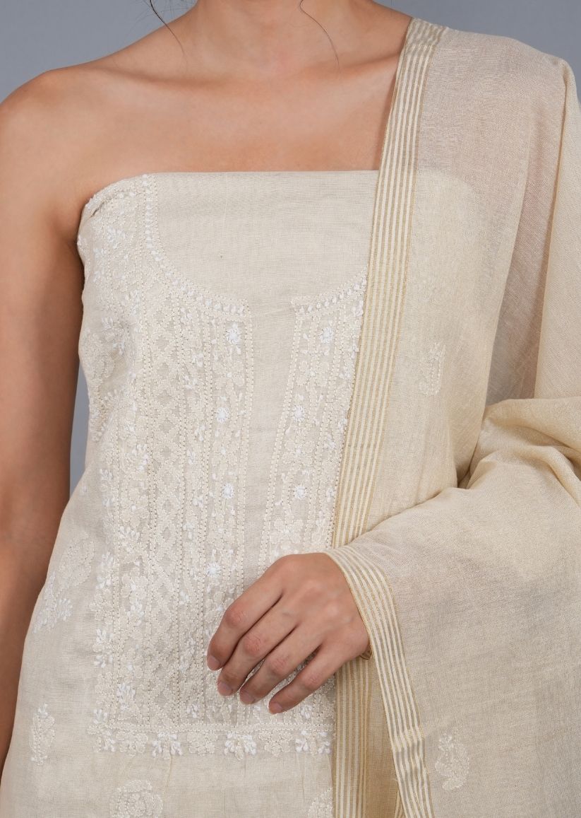 Firgun Beige Lucknowi Chikankari Tissue Chanderi Unstitched Kurta & Dupatta Set