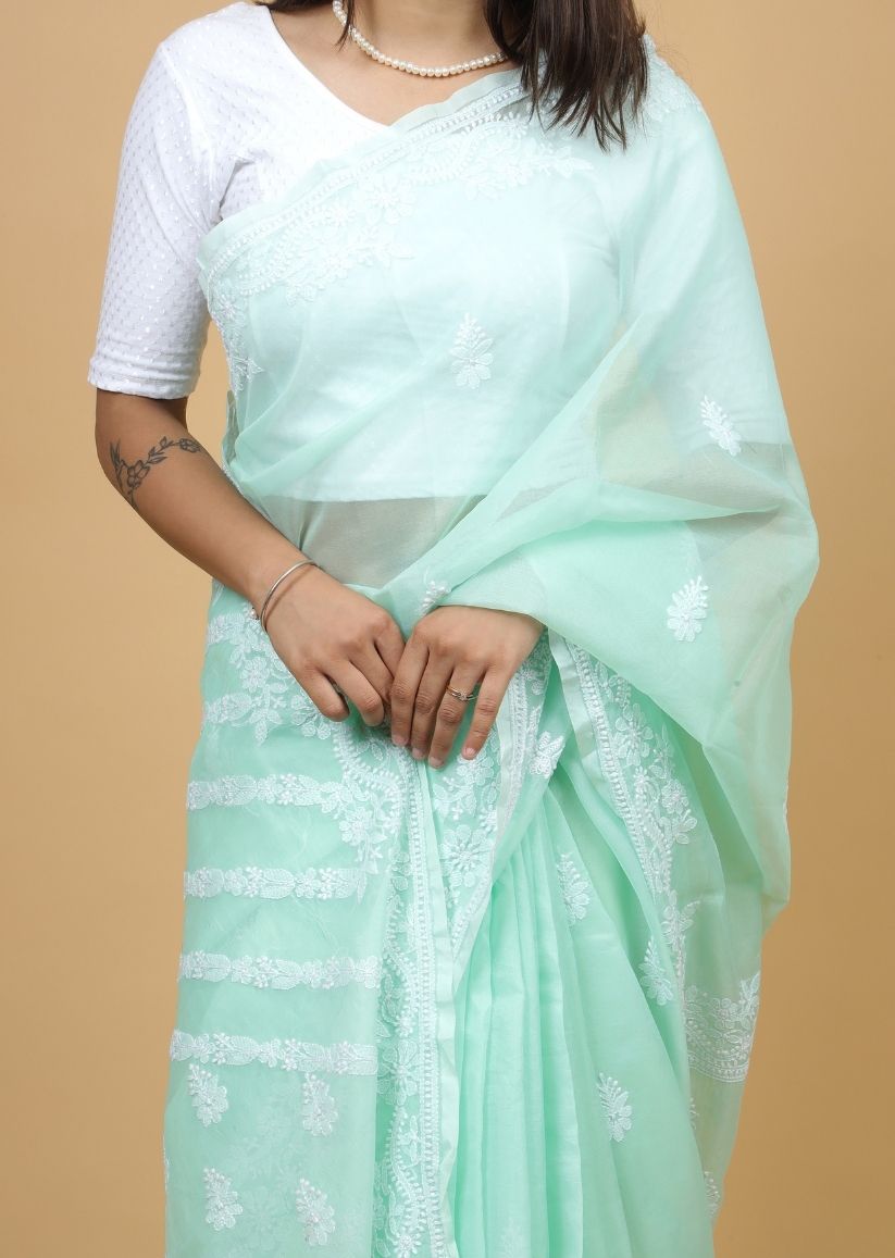 Firgun Mint Green Lucknowi Chikankari Organza Saree with Unstitched Blouse Piece