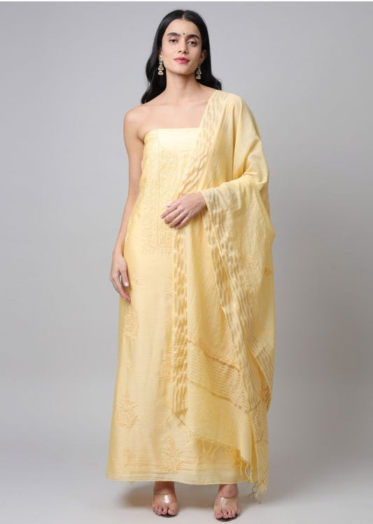 Firgun Yellow Lucknowi Chikankari with Pearl Work Chanderi Unstitched Kurta & Dupatta Set