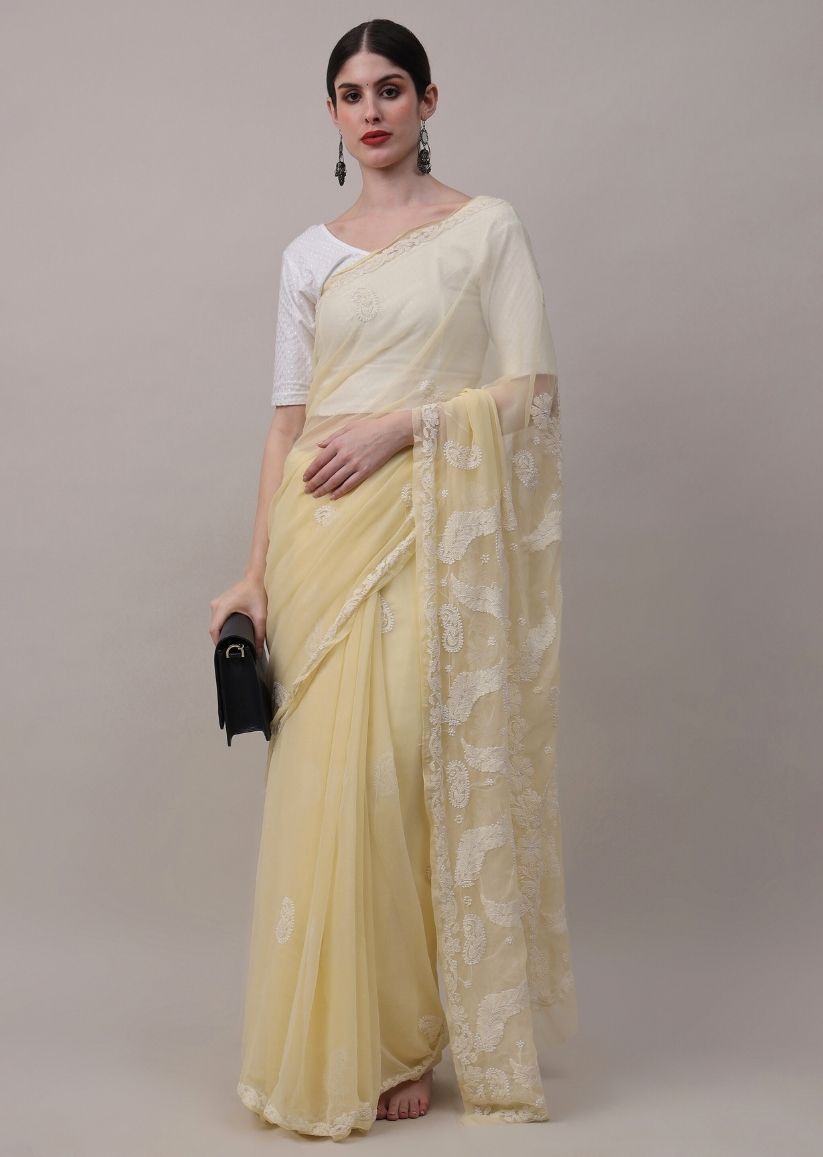 Firgun Mustard Yellow Lucknowi Chikankari Georgette Saree with Unstitched Blouse Piece