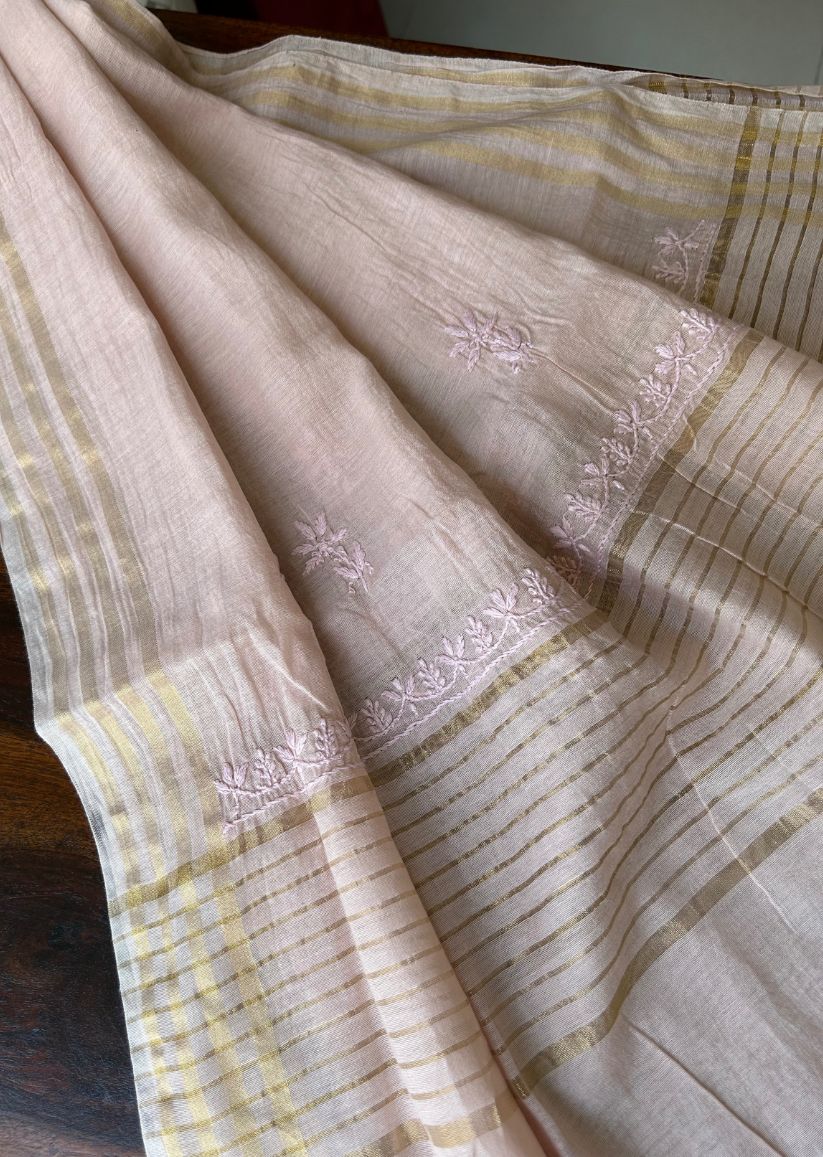 Firgun Dusty Beige Lucknowi Chikankari Mul Chanderi Unstitched Kurta & Dupatta Set