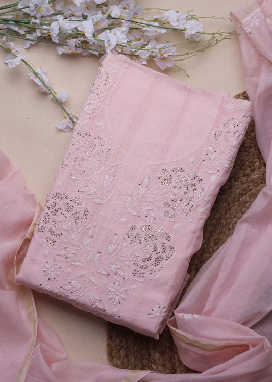 Firgun Blush Pink Lucknowi Chikankari Mul Chanderi Anarkali Styled Unstitched Kurta & Dupatta Set