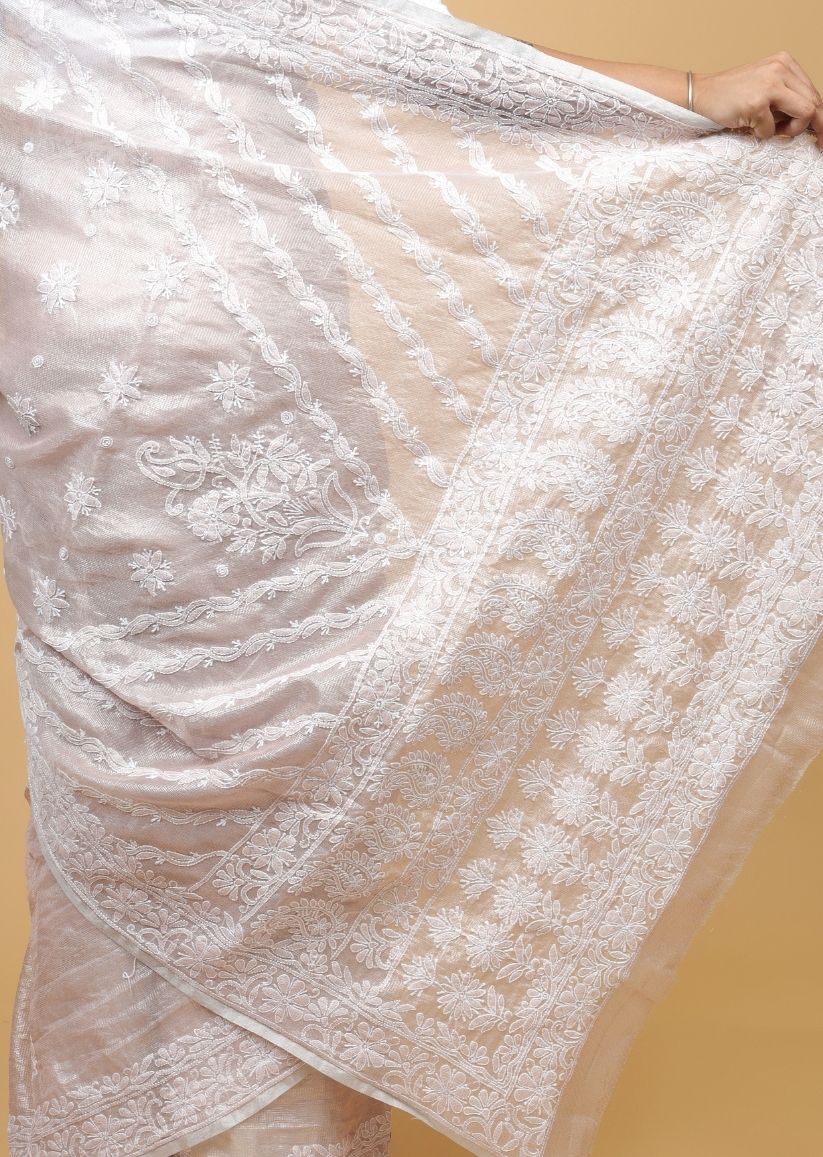 Firgun Pink Lucknowi Chikankari Tissue Organza Saree with Blouse Piece