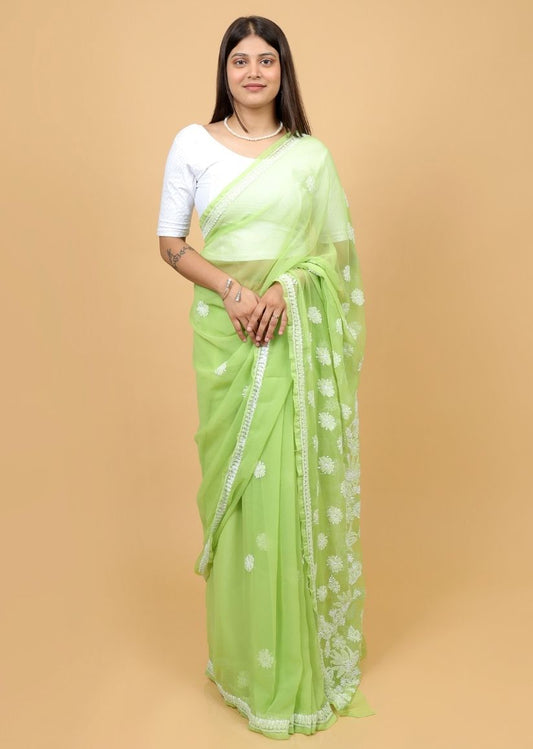 Firgun Olive Green Lucknowi Chikankari Georgette Saree with Unstitched Blouse Piece