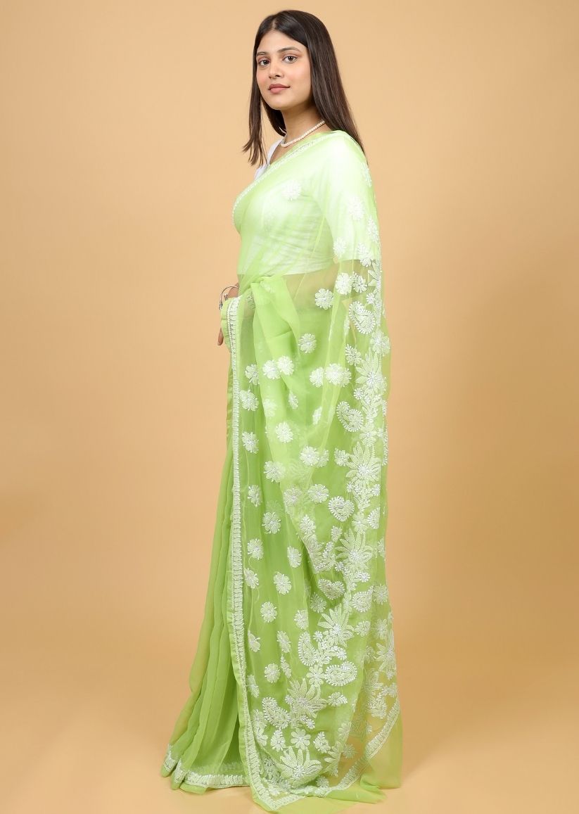 Firgun Olive Green Lucknowi Chikankari Georgette Saree with Unstitched Blouse Piece