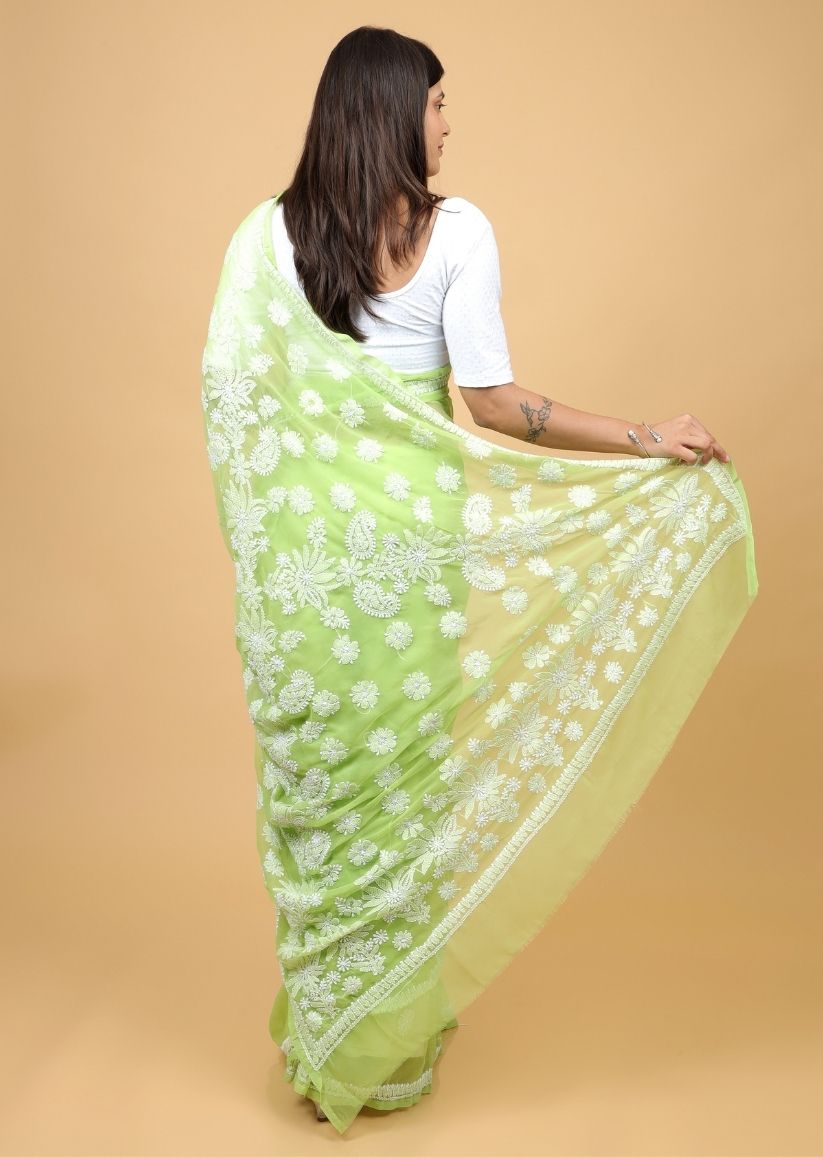 Firgun Olive Green Lucknowi Chikankari Georgette Saree with Unstitched Blouse Piece