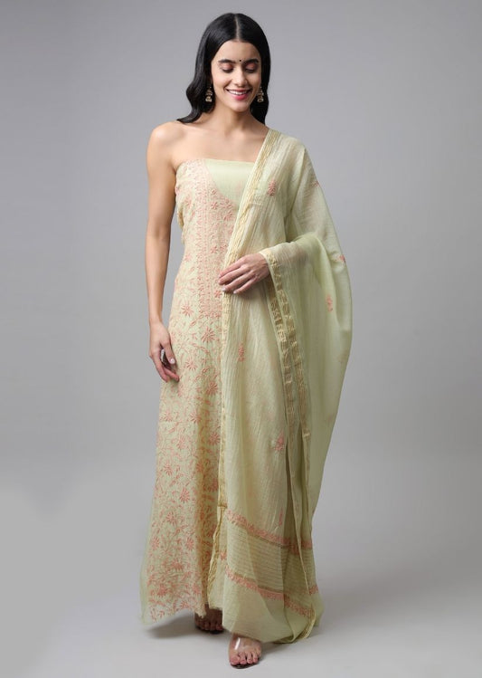 Firgun Light Green Lucknowi Chikankari Mul Chanderi Unstitched Kurta & Dupatta Set