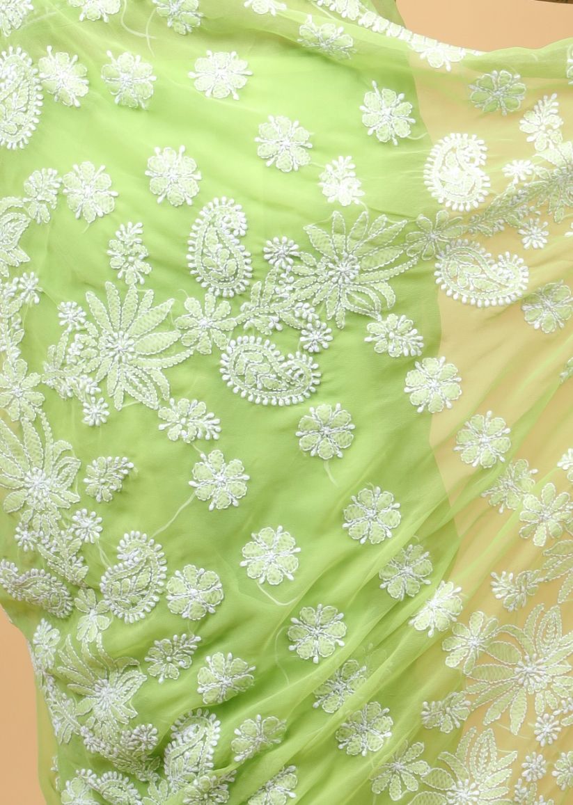 Firgun Olive Green Lucknowi Chikankari Georgette Saree with Unstitched Blouse Piece