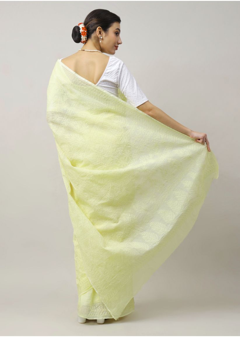 Firgun Hand Embroidered Lemon Lucknowi Chikankari Kota Doria Tepchi Work Saree with Blouse Piece