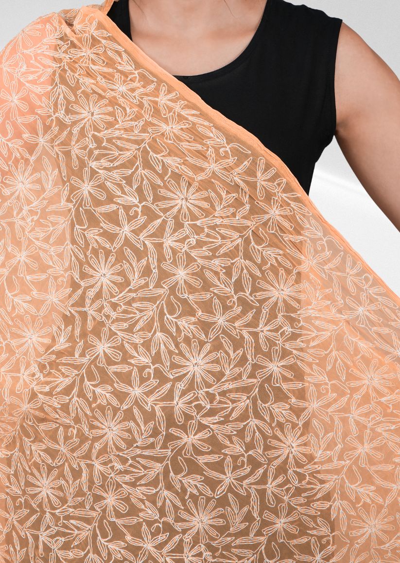 Firgun Orange Tepchi Lucknowi Chikankari Georgette Dupatta1