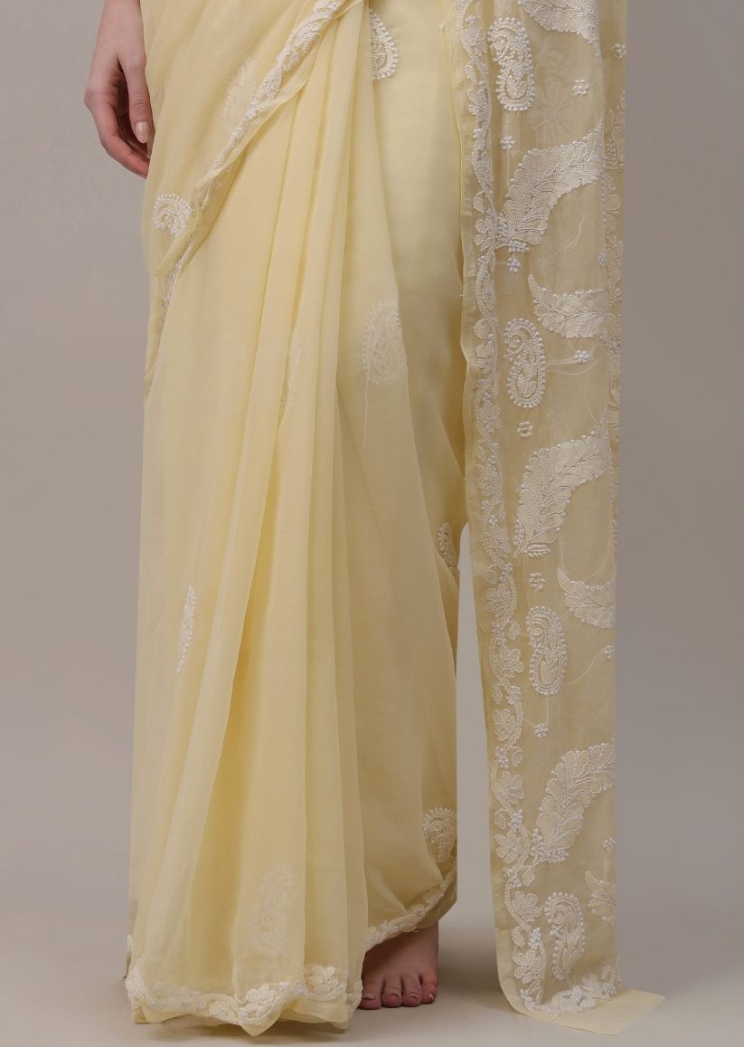 Firgun Mustard Yellow Lucknowi Chikankari Georgette Saree with Unstitched Blouse Piece