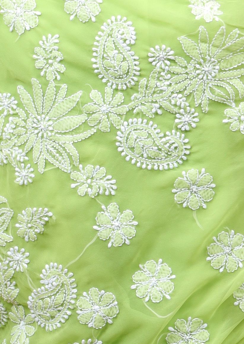 Firgun Olive Green Lucknowi Chikankari Georgette Saree with Unstitched Blouse Piece