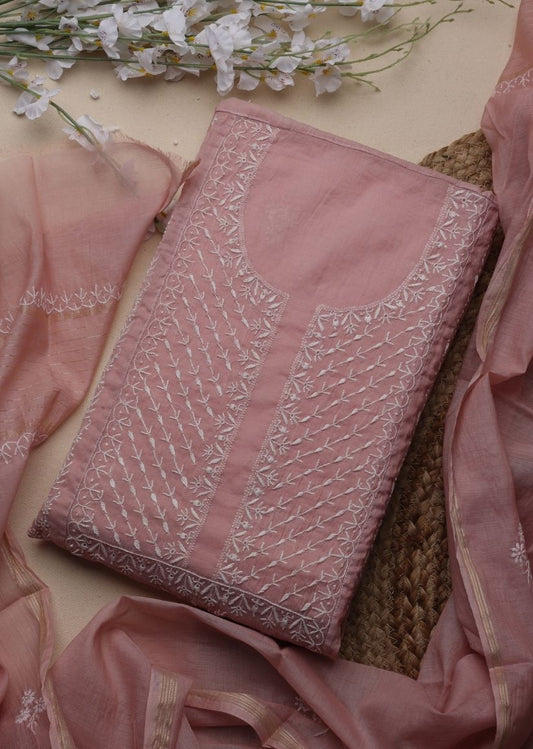 Firgun Mauve Pink Lucknowi Chikankari Mul Chanderi Unstitched Kurta & Dupatta Set