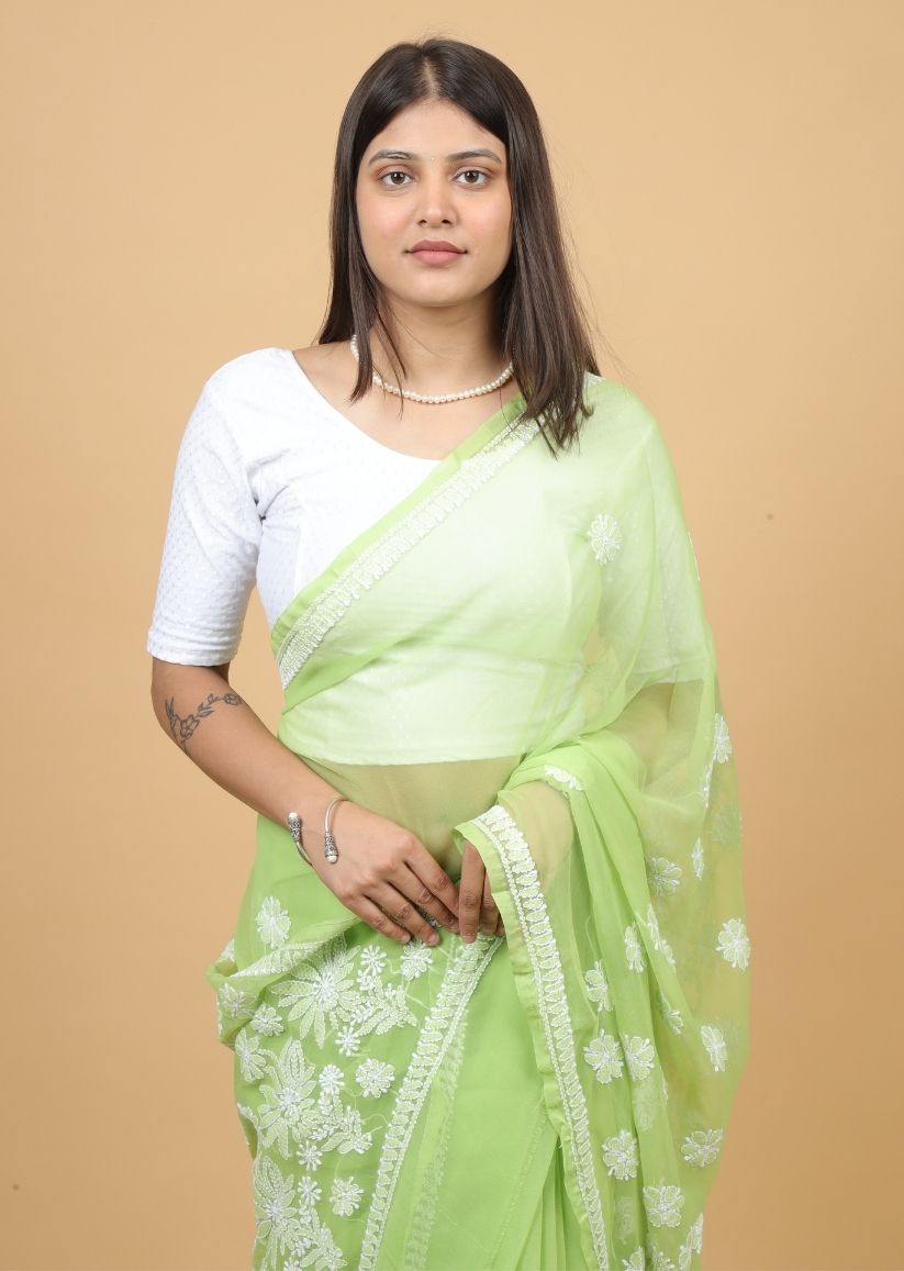 Firgun Olive Green Lucknowi Chikankari Georgette Saree with Unstitched Blouse Piece