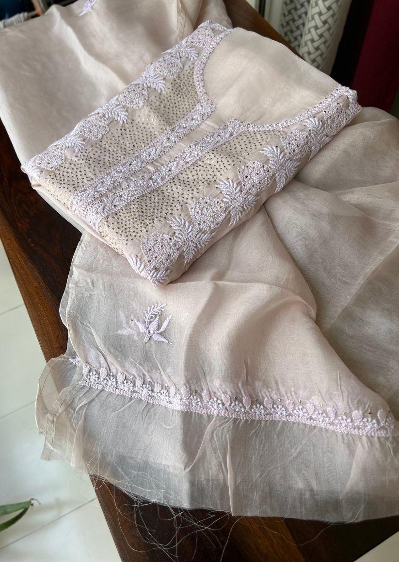 Firgun Rose Gold Lucknowi Chikankari Pure Organza Unstitched Kurta & Dupatta Set