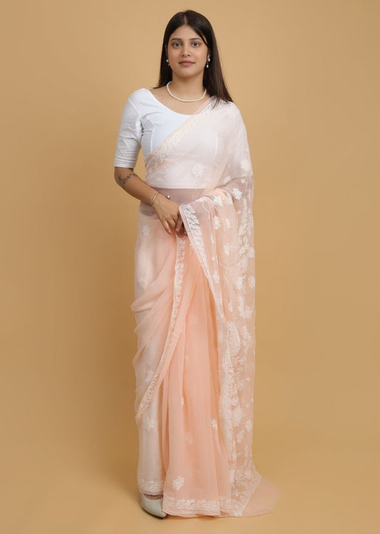 Firgun Peach Lucknowi Chikankari Georgette Saree with Unstitched Blouse Piece