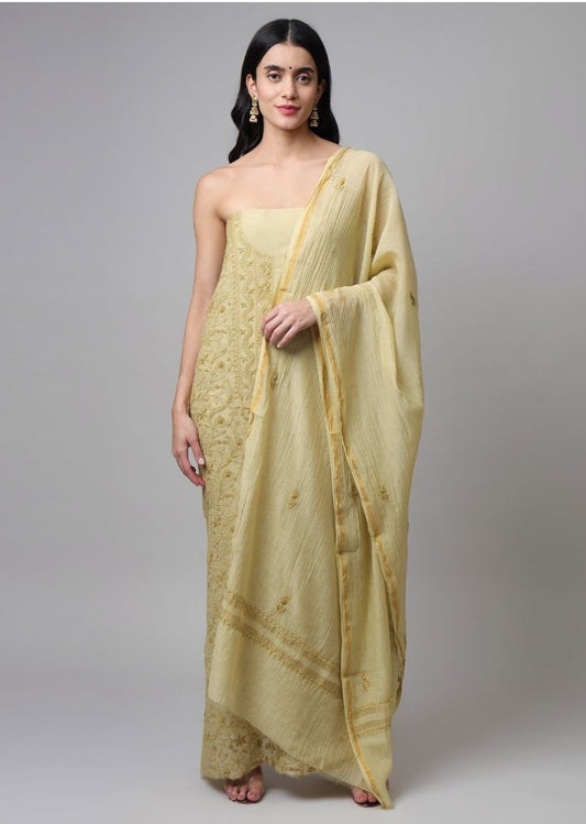 Firgun Mehendi Green Lucknowi Chikankari Mul Chanderi Unstitched Kurta & Dupatta Set