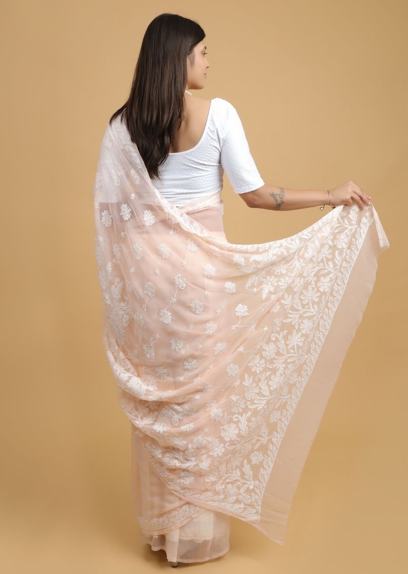 Firgun Peach Lucknowi Chikankari Georgette Saree with Unstitched Blouse Piece