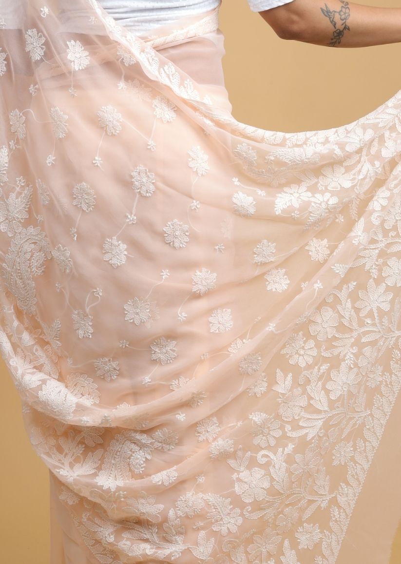 Firgun Peach Lucknowi Chikankari Georgette Saree with Unstitched Blouse Piece