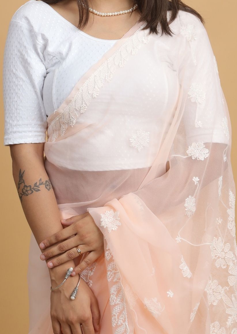 Firgun Peach Lucknowi Chikankari Georgette Saree with Unstitched Blouse Piece