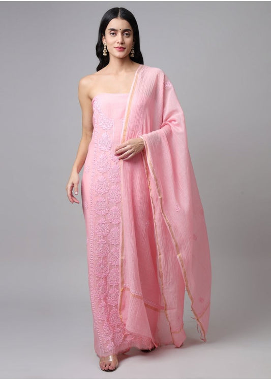 Firgun Rose Pink Lucknowi Chikankari Mul Chanderi Unstitched Kurta & Dupatta Set