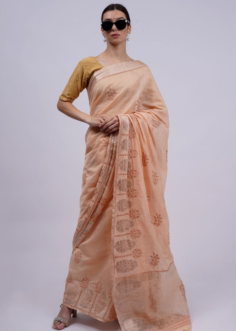 Firgun Peach Lucknowi Chikankari Chanderi Tissue Saree with Unstitched Blouse Piece