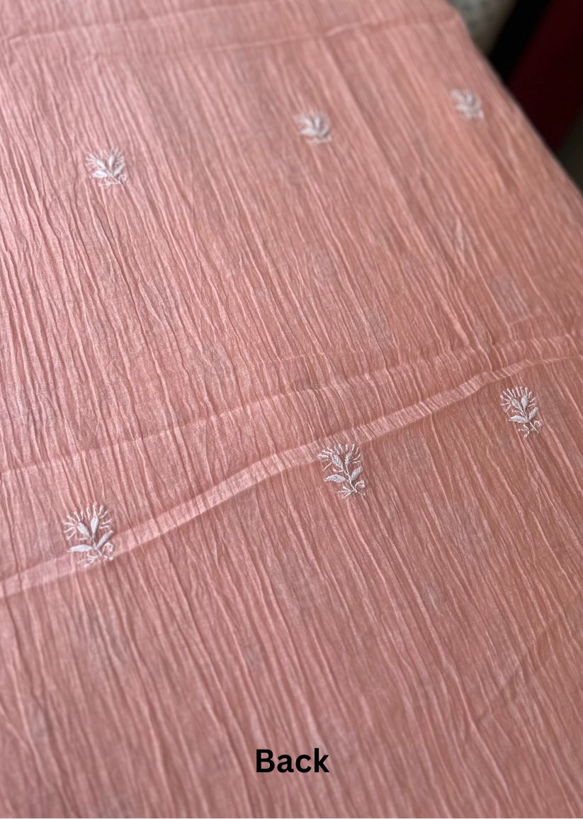 Firgun Peach Lucknowi Chikankari Mul Chanderi Unstitched Kurta & Dupatta Set