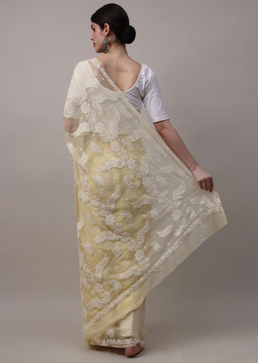 Firgun Mustard Yellow Lucknowi Chikankari Georgette Saree with Unstitched Blouse Piece