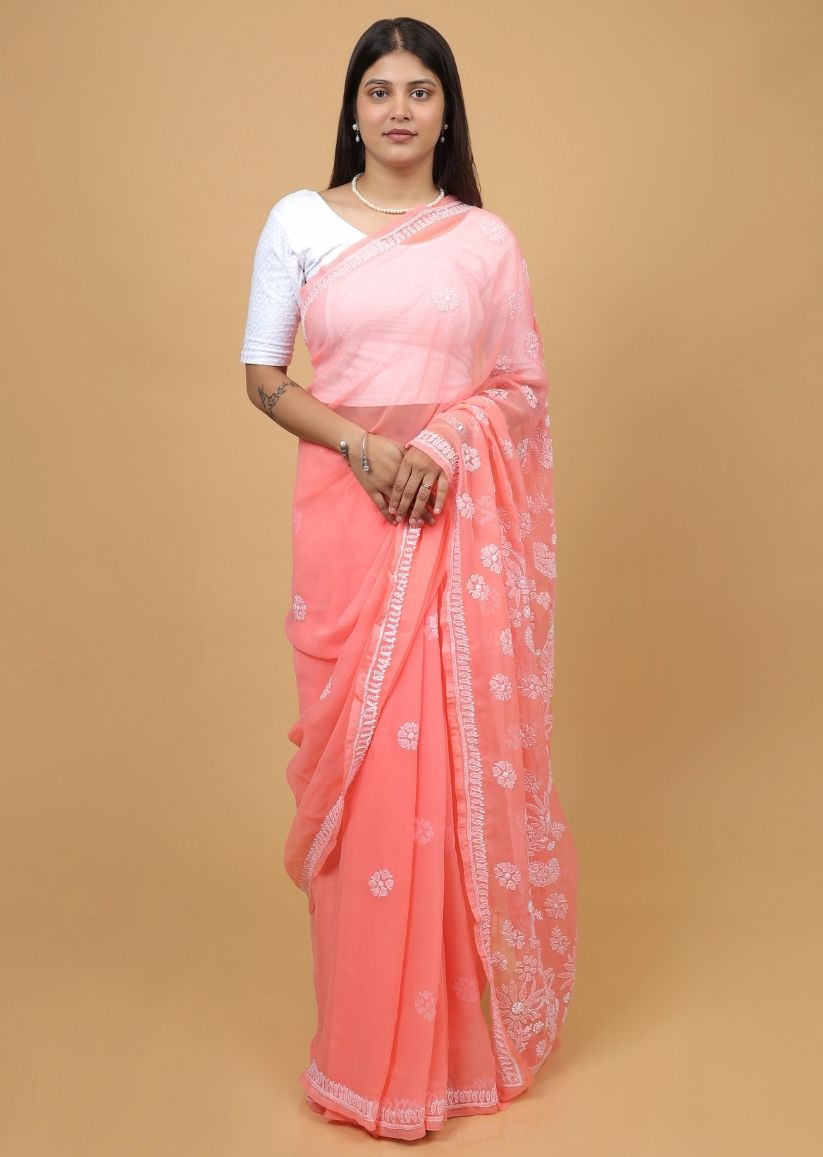 Firgun Salmon Chikankari Georgette Saree with Unstitched Blouse Piece