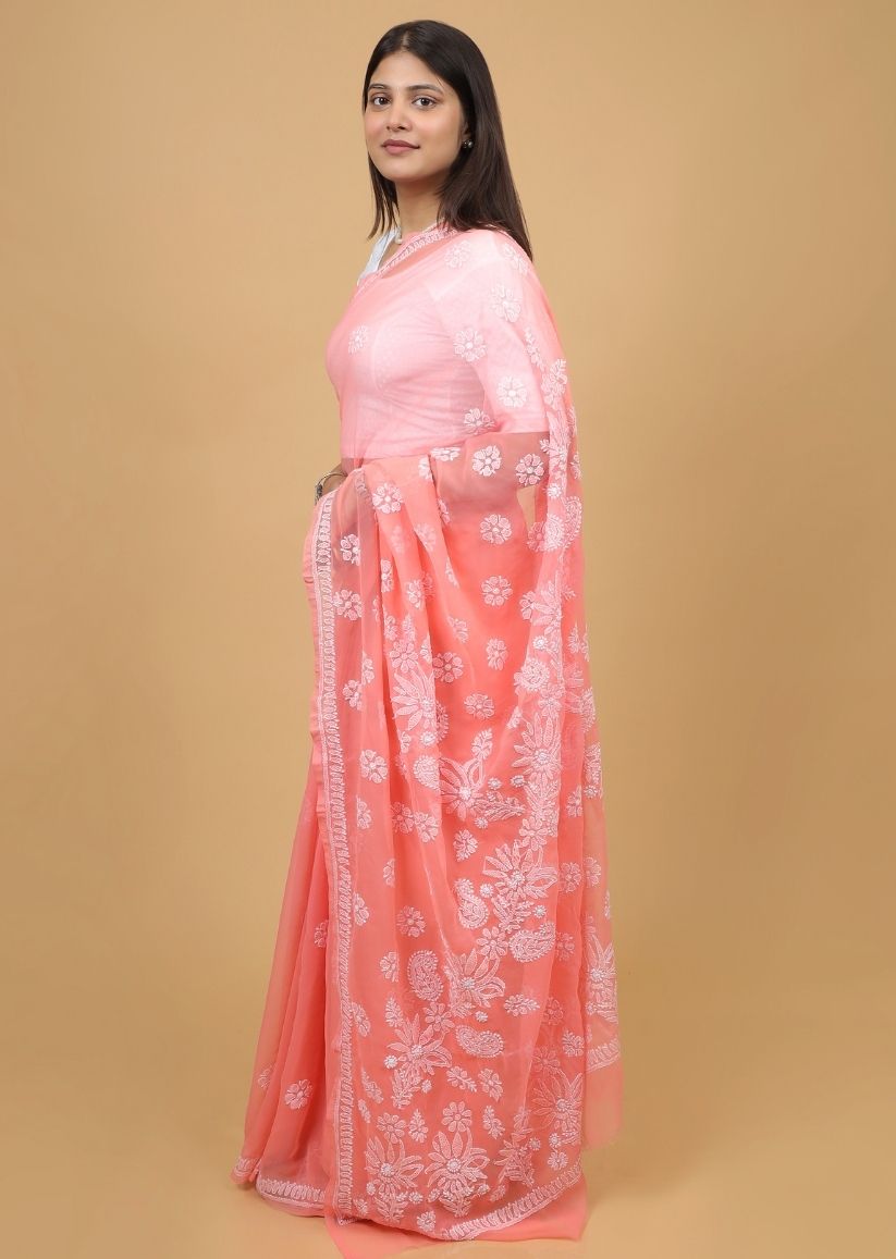 Firgun Salmon Chikankari Georgette Saree with Unstitched Blouse Piece