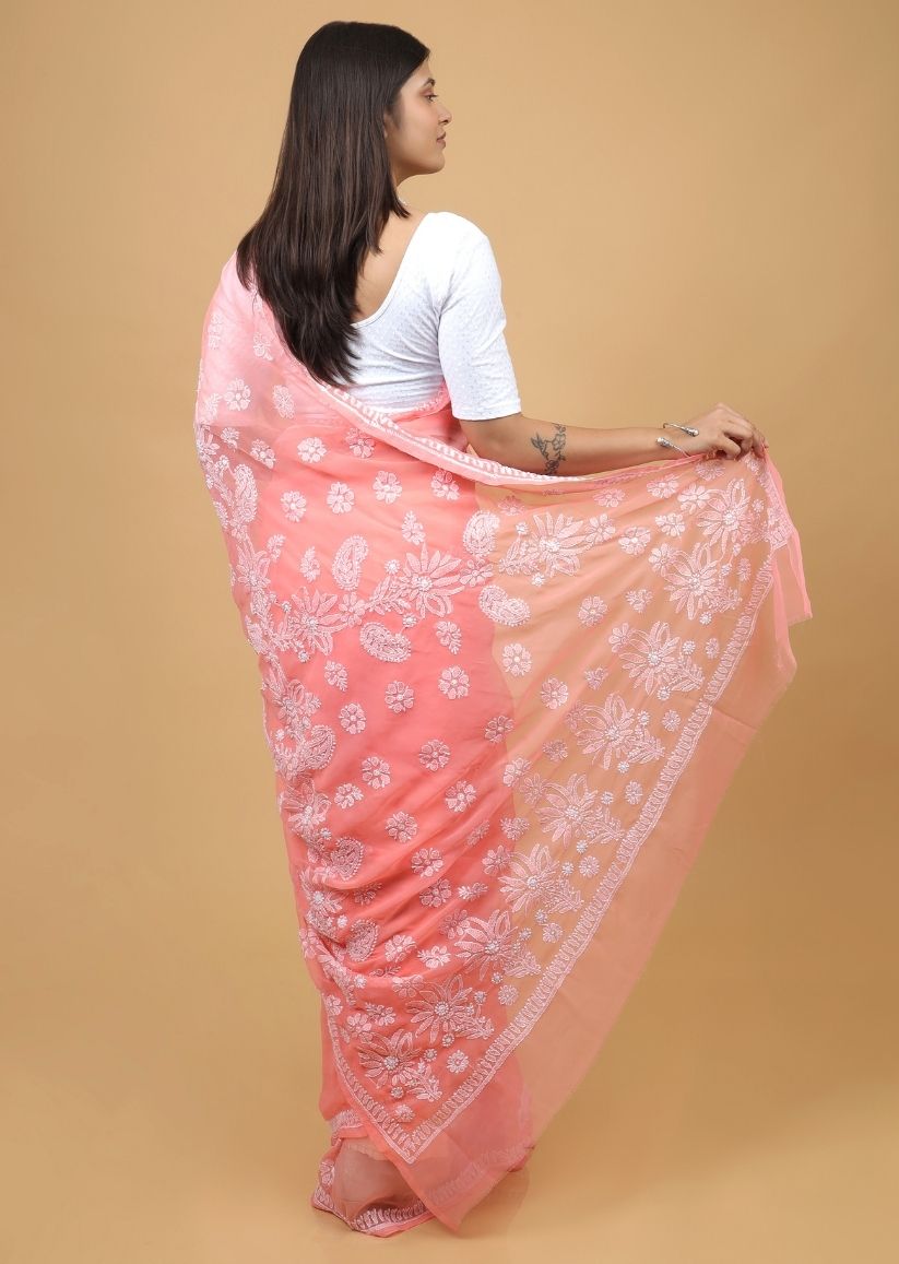 Firgun Salmon Chikankari Georgette Saree with Unstitched Blouse Piece