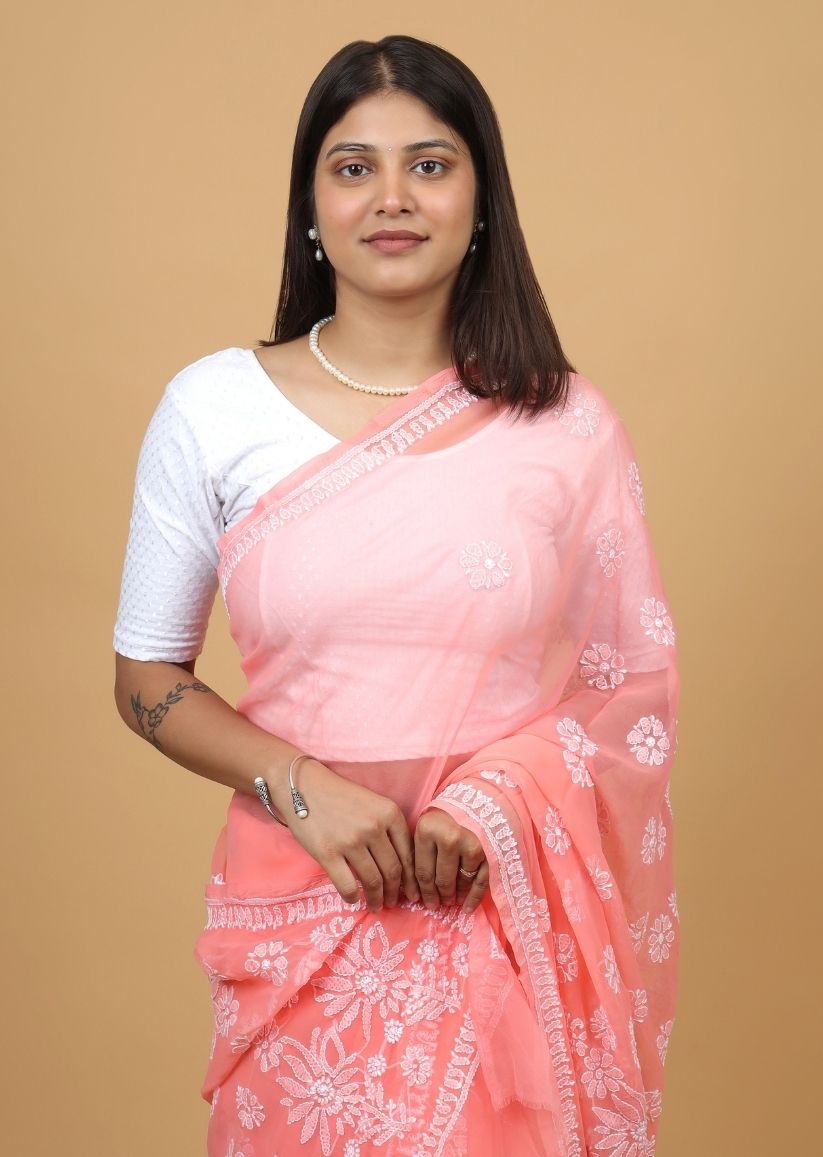 Firgun Salmon Chikankari Georgette Saree with Unstitched Blouse Piece