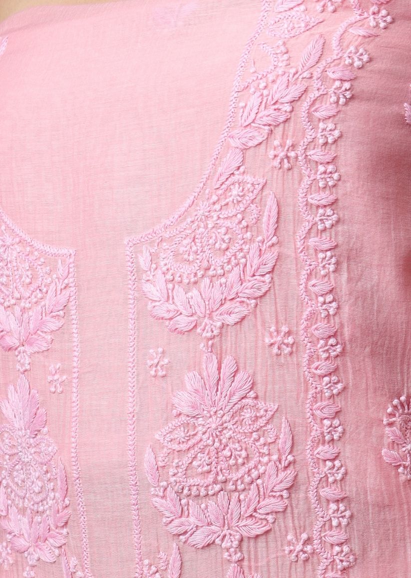 Firgun Rose Pink Lucknowi Chikankari Mul Chanderi Unstitched Kurta & Dupatta Set